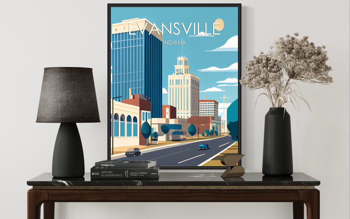 Sunny Evansville Indiana Downtown Towers Street Retro Poster - Image 2