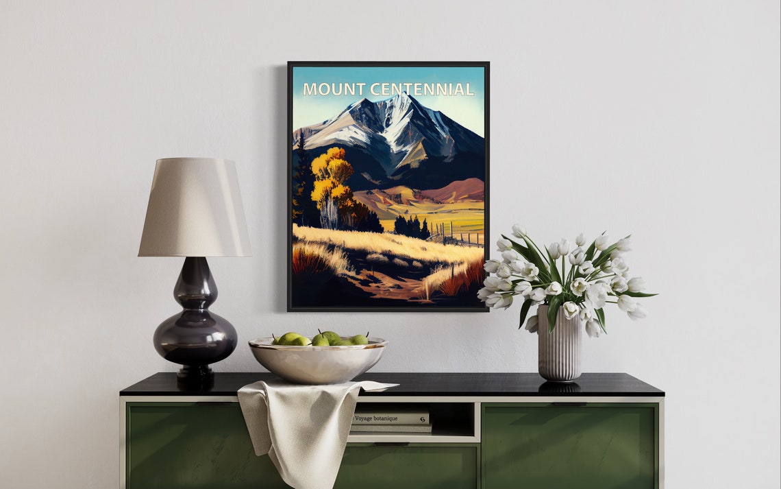 Mount Centennial Twin Snowy Peaks Golden Field Retro Travel Poster - Image 3