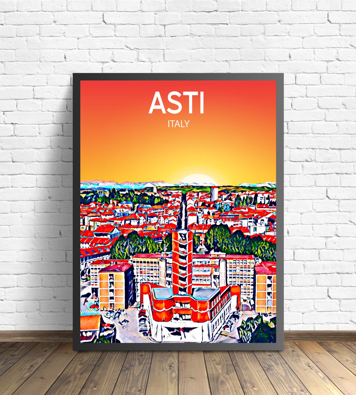 Asti Italy Sunset Skyline Red Roofs Sketch Travel Poster Art