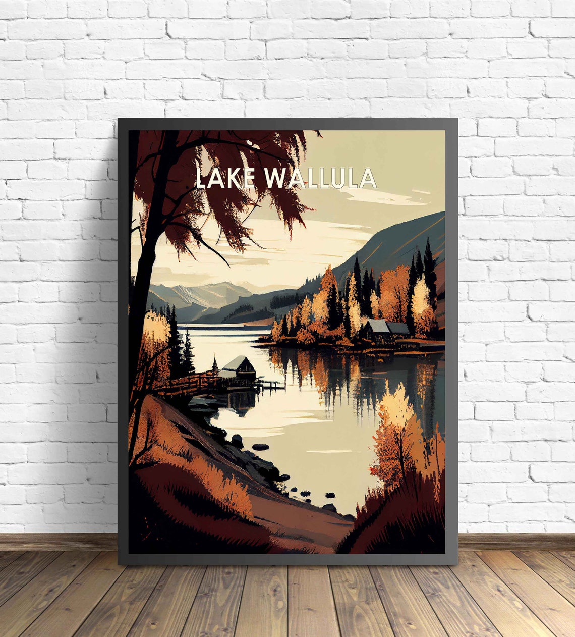 Lake Wallula Oregon Retro Poster with a Boathouse and Mountain Lake