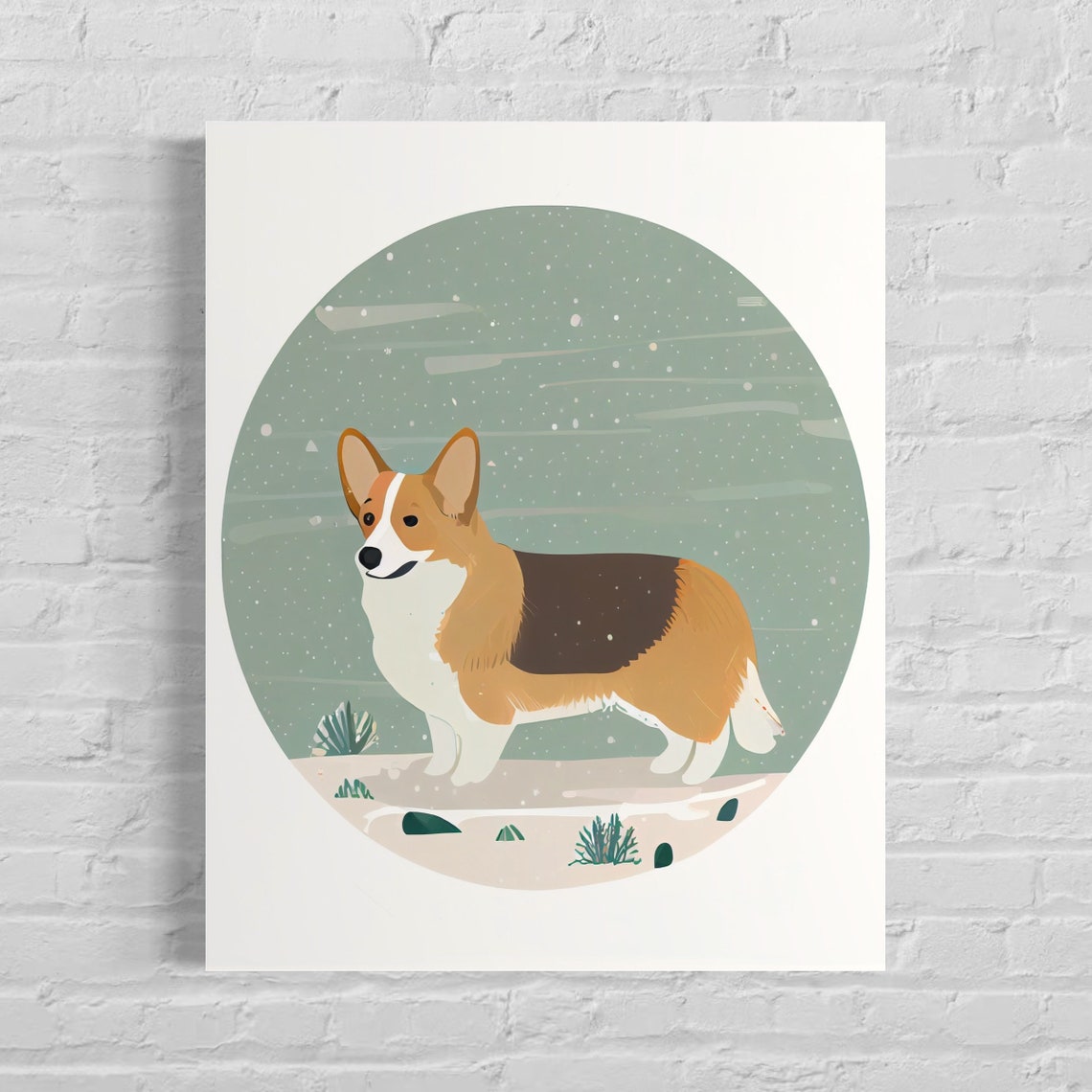 Tricolor Pembroke Corgi Standing in a Snow Circle Art Poster