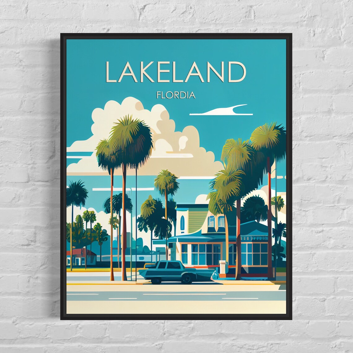 Lakeland Florida Retro Palm Tree Vintage Street Scene Travel Poster