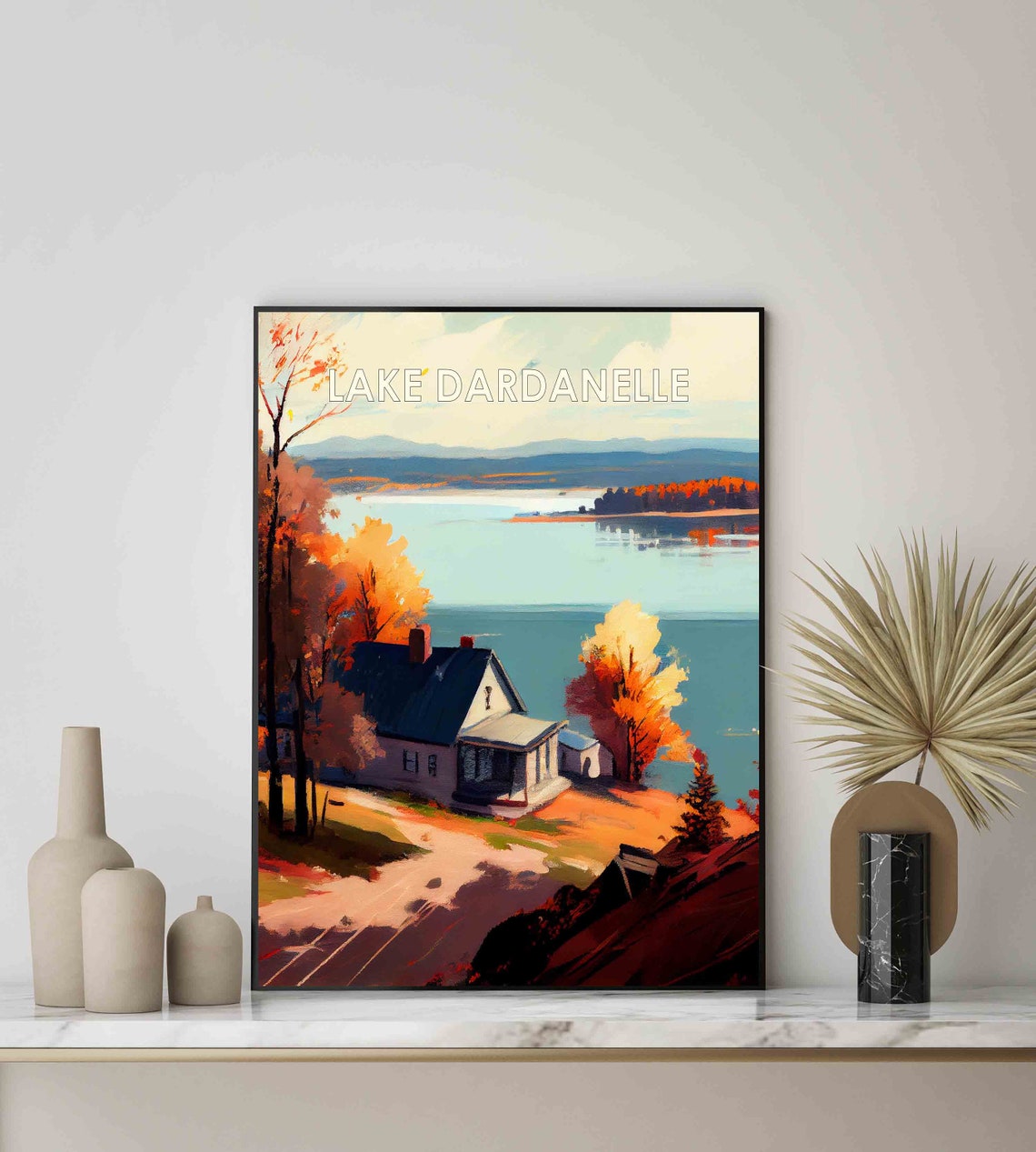 Lake Dardanelle Arkansas Retro Poster with a Lakeside House in Autumn - Image 2