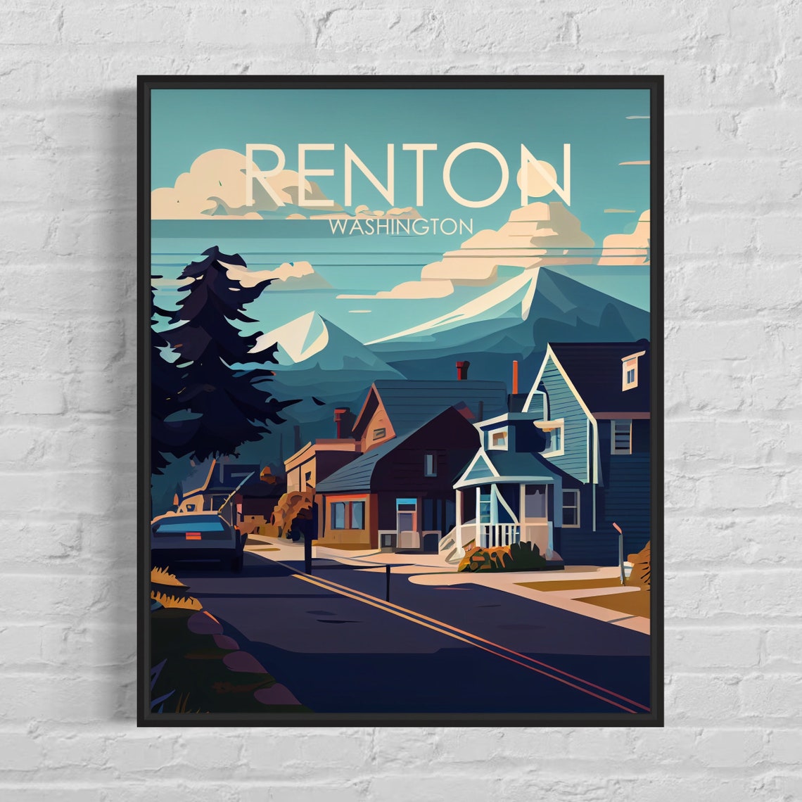 Renton Washington Mountain Street Scene Vintage Travel Poster