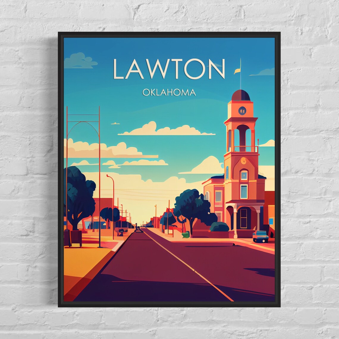 Lawton Oklahoma Retro Main Street Clock Tower Vintage City Poster