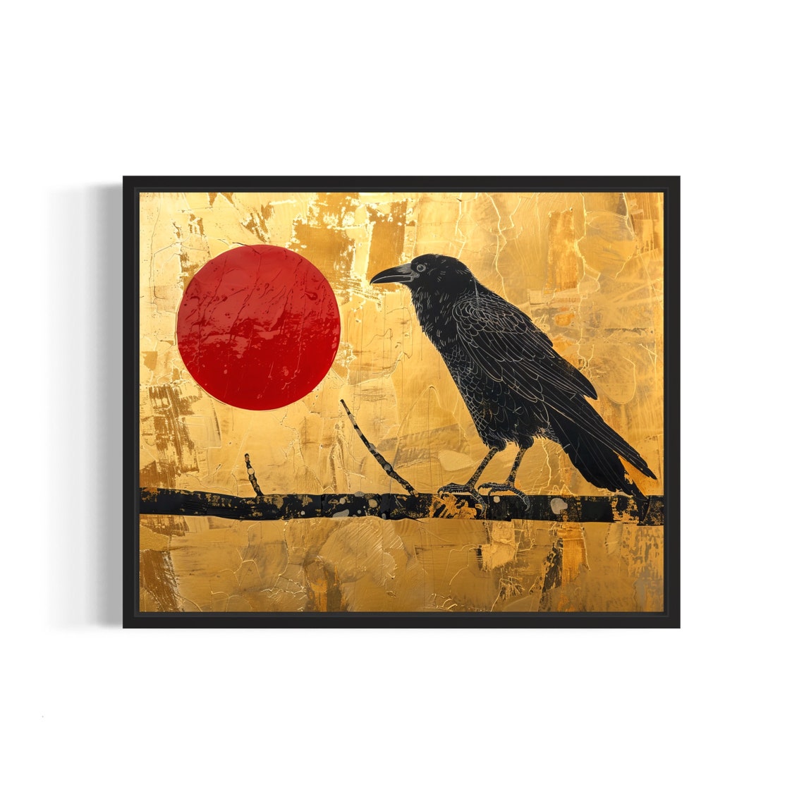Raven Silhouette on Branch Red Sun Japanese Gold Leaf Art Poster
