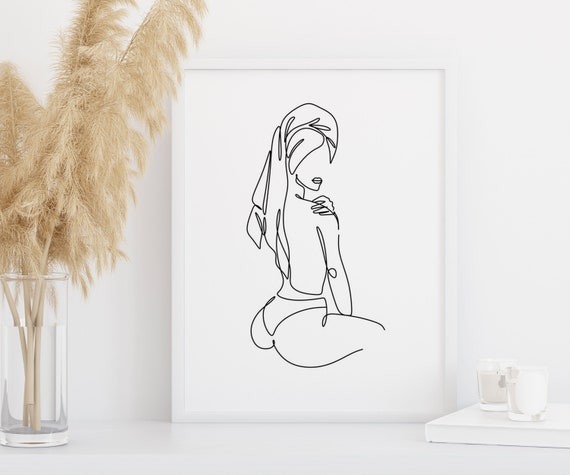 Woman With Towel Line Art, Bedroom Wall Art Print
