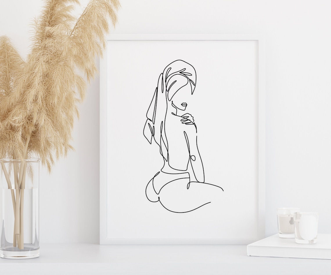 Woman With Towel Line Art, Bedroom Wall Art Print