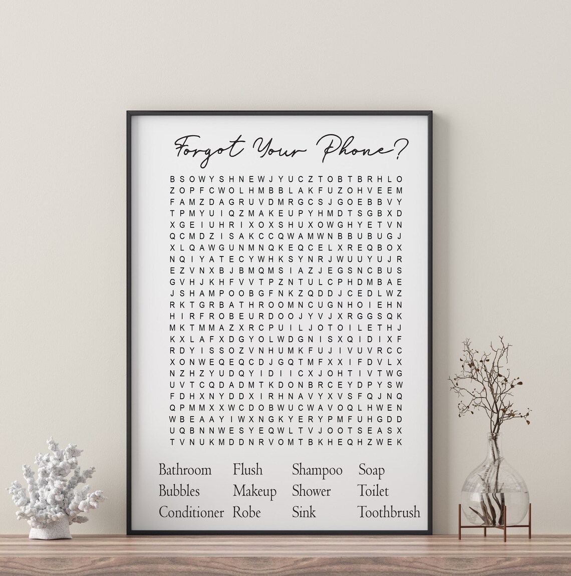 Bathroom Wordsearch Art Print, Bathroom Decor