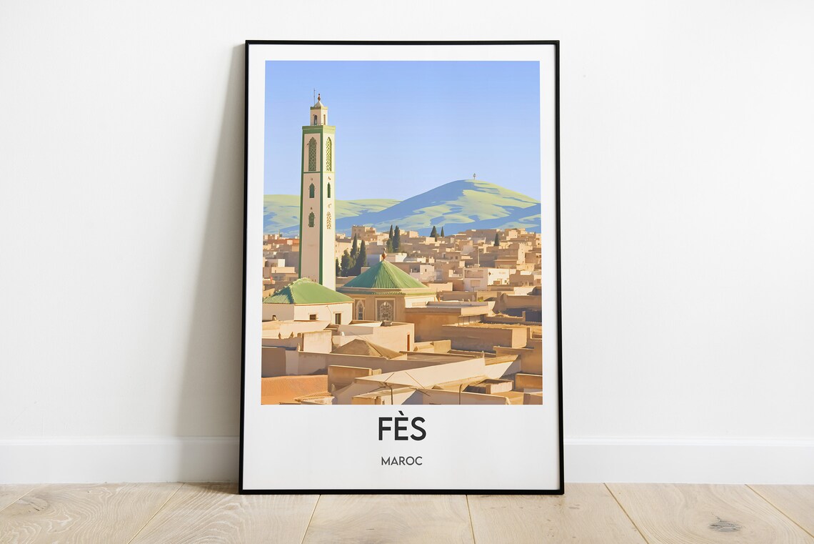 Fes Morocco Old Medina Green Dome Mosque Hills Travel Poster
