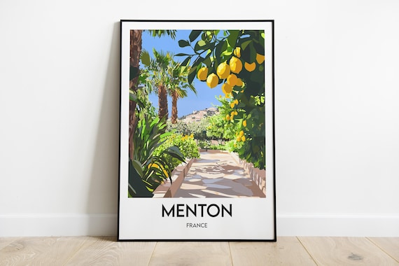 Menton France Travel Poster Lemon Grove Path Citrus Garden Illustration Art