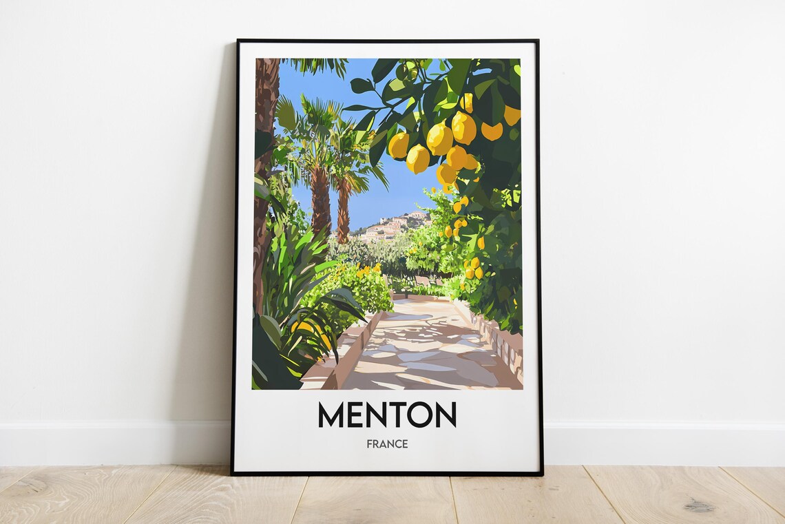 Menton France Travel Poster Lemon Grove Path Citrus Garden Illustration Art