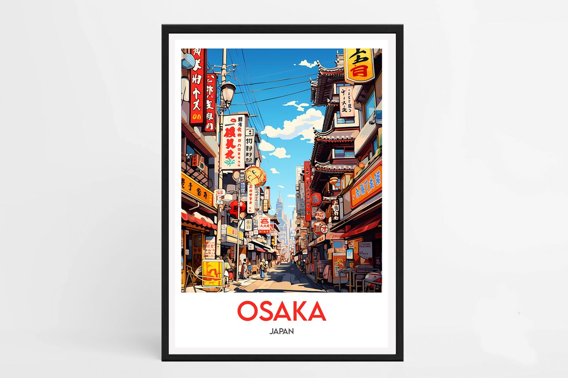 Osaka Japan Neon Street Signs Bustling Downtown City Travel Poster