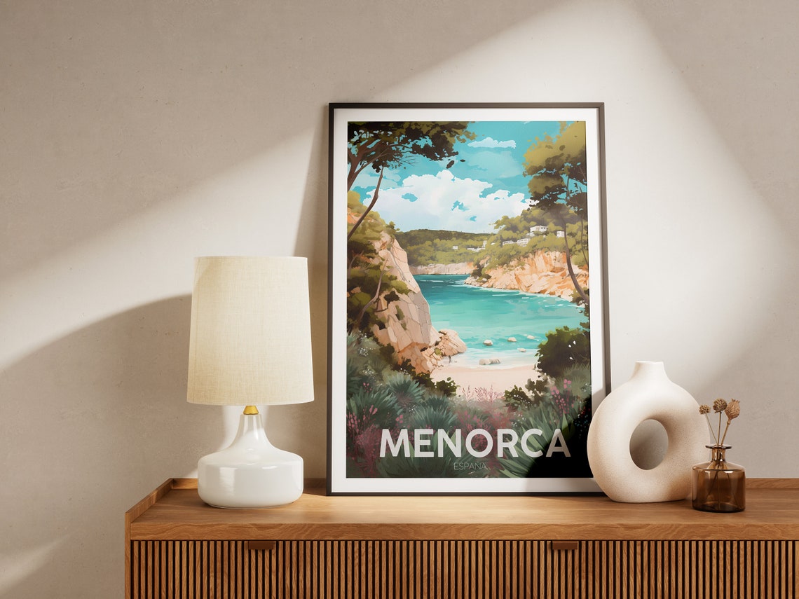 Menorca Espana Turquoise Cove Cliffs Minimalist Travel Poster