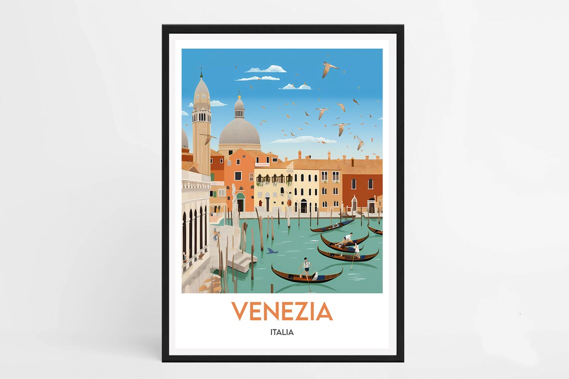 Venezia Italia Salute Basilica Gondolas Harbor Birds Travel Poster