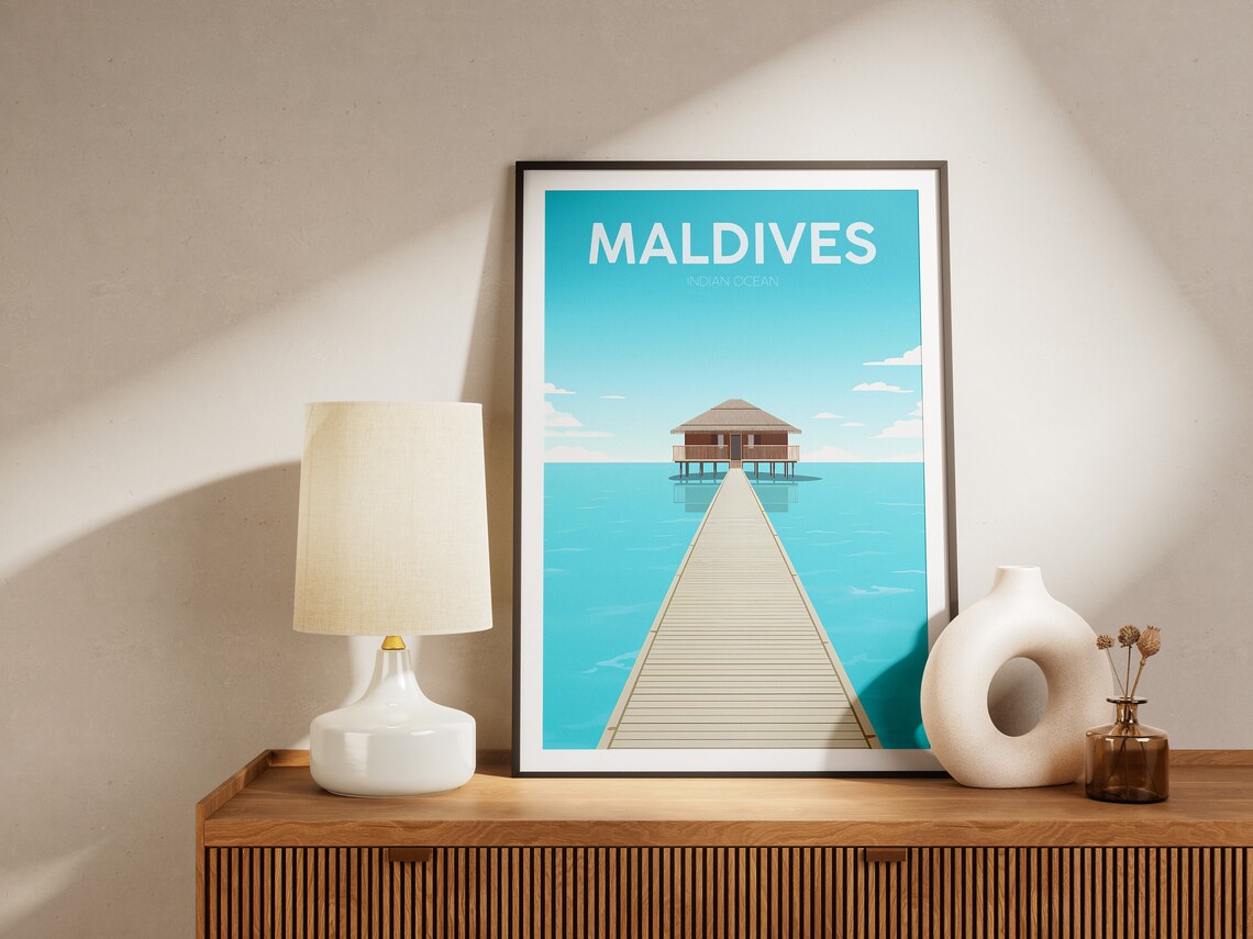 Maldives Indian Ocean Overwater Villa Minimalist Travel Poster