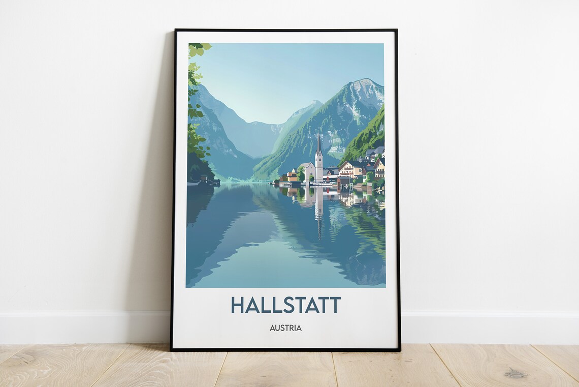 Hallstatt Lakeside Village Mountain Reflection Austria Travel Poster