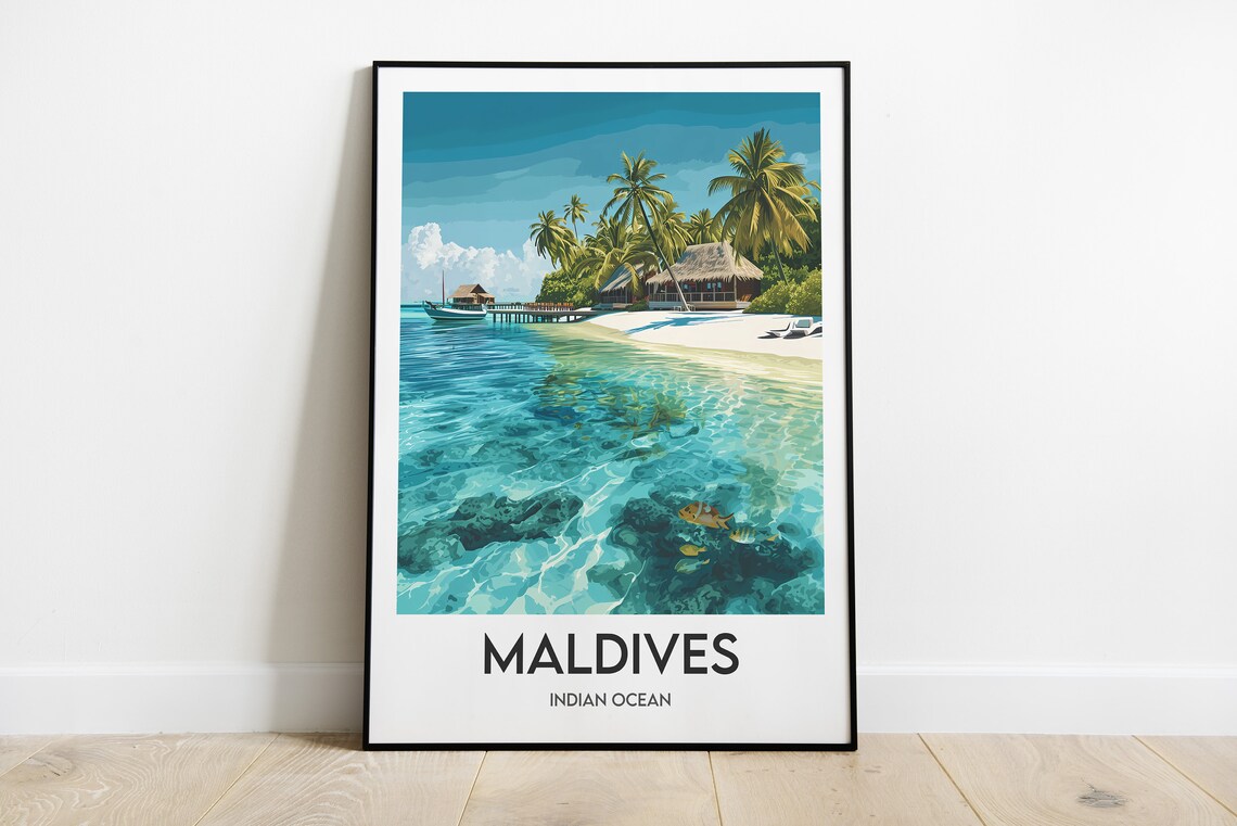 Maldives Indian Ocean Overwater Bungalow Palm Beach Travel Poster