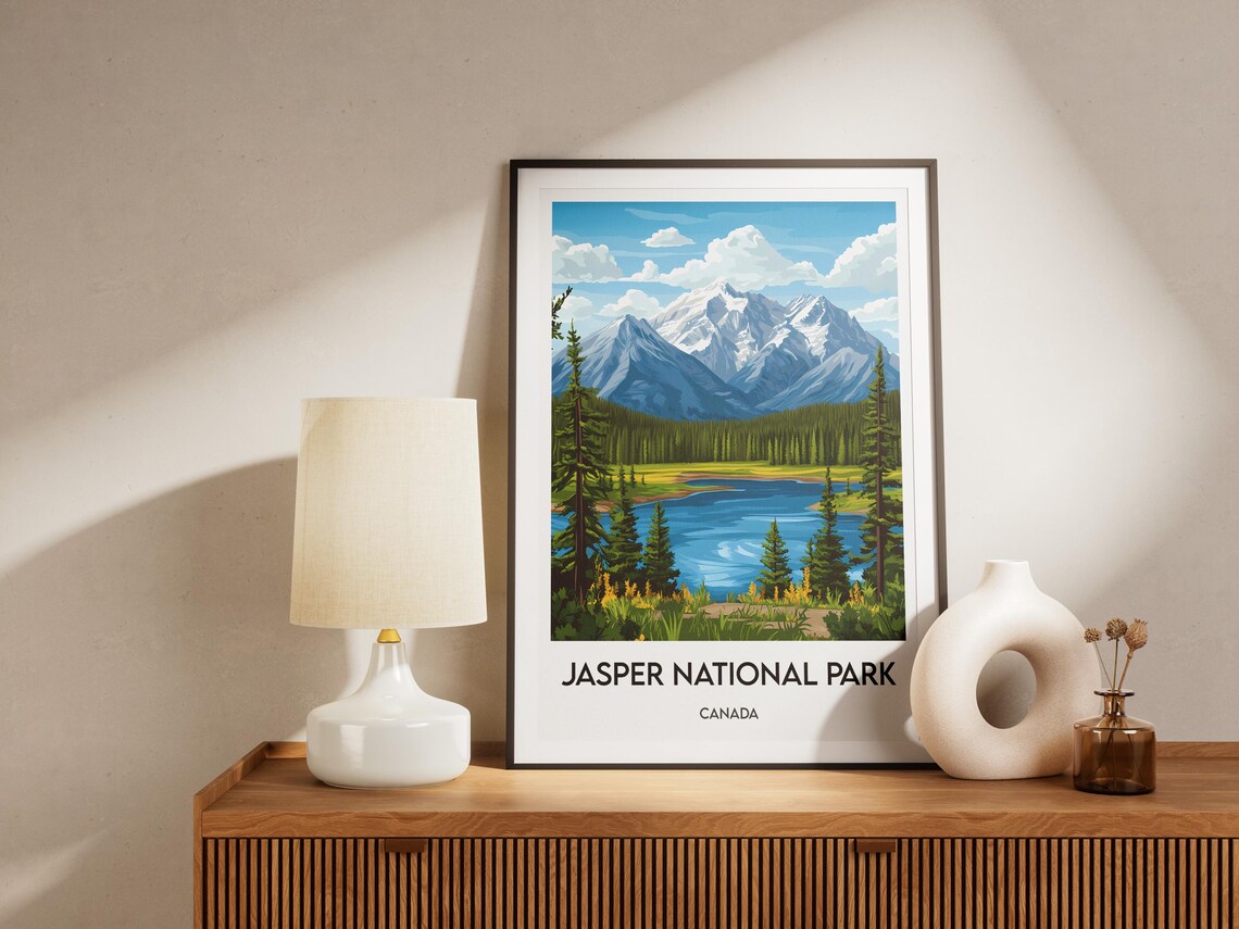 Jasper National Park Canada Poster Alpine Lake Mountains Pines Wall Decor - Image 2