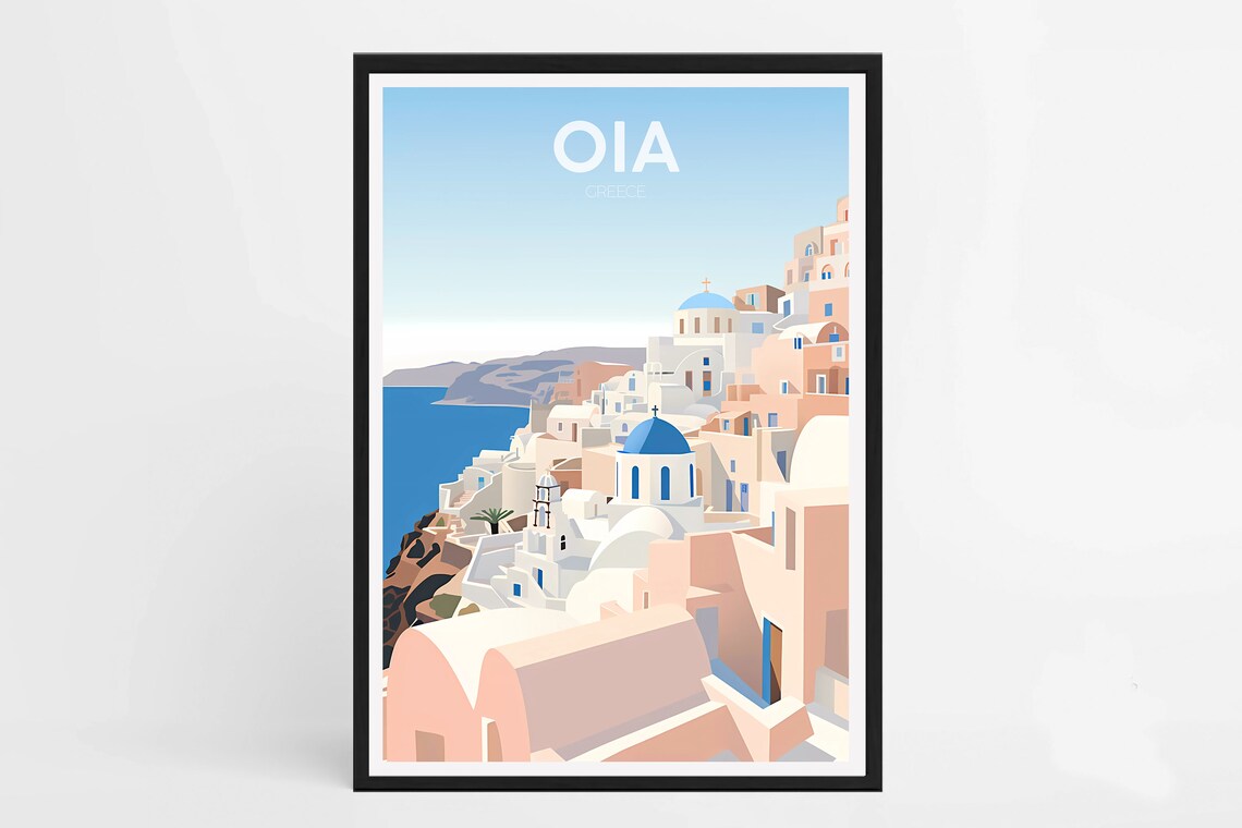 Oia Greece Santorini Blue Domes Village Minimalist Travel Poster