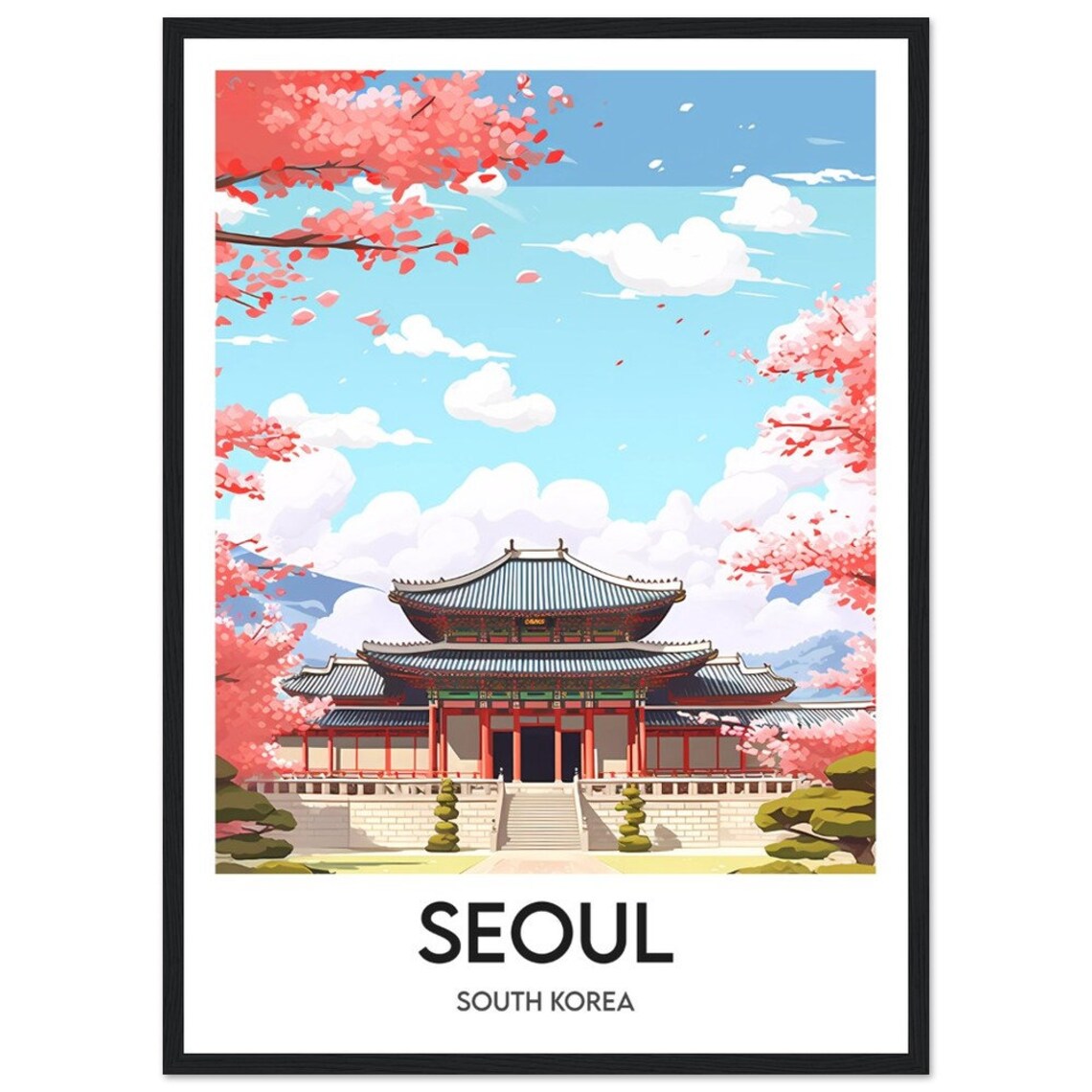 Seoul South Korea Cherry Blossom Palace Spring Travel Poster