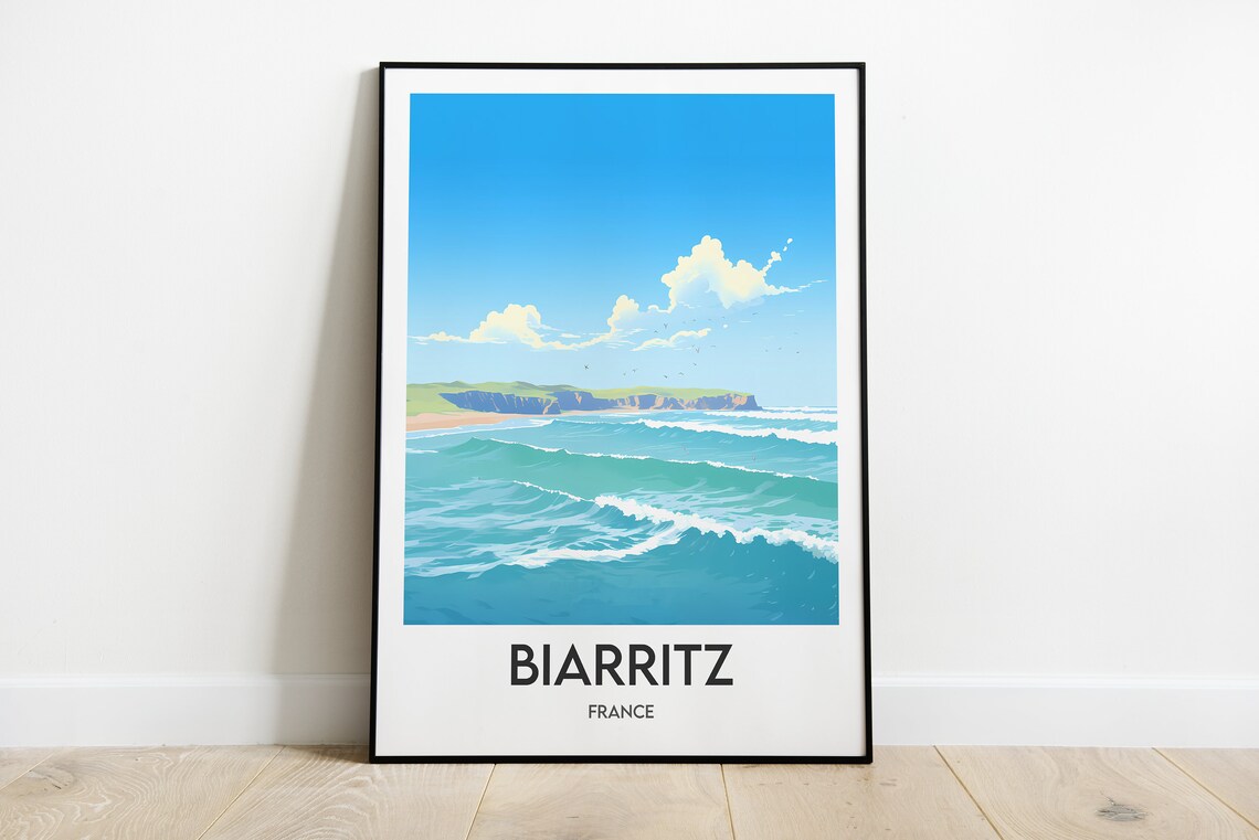 Biarritz Surf Waves Atlantic Cliffs France Coastal Travel Poster