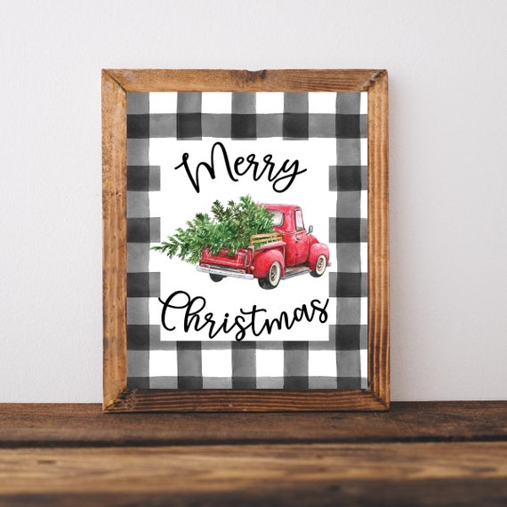 Merry Christmas Red Truck Farmhouse Holiday Art Print