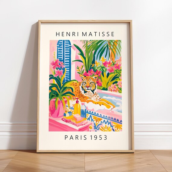 Lynx In Bathtub Funny Poster Matisse Art Print Bathroom Decor Pink Tropical Wall Art Animal Print