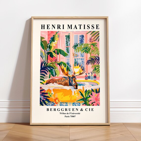 Moose In Bathtub Art Print Maximalism Wall Art Henri Matisse Wall Art Pink Tropical Bathroom Decor Animal Art