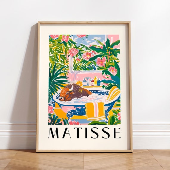 Bison In Bathtub Art Print Tropical Bathroom Decor Matisse Style