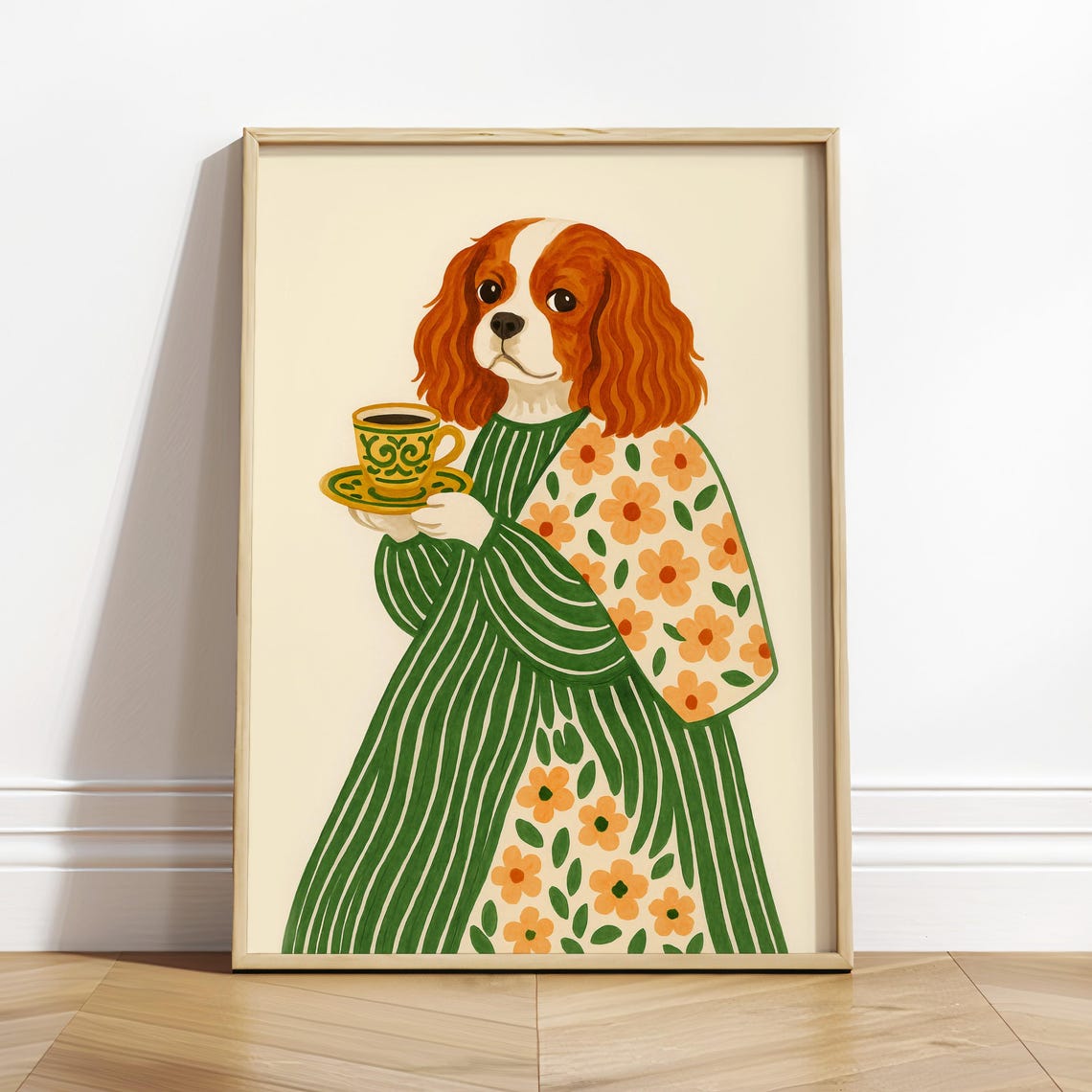 Cavalier King Charles Spaniel Dog Holding Coffee Cup Art Poster