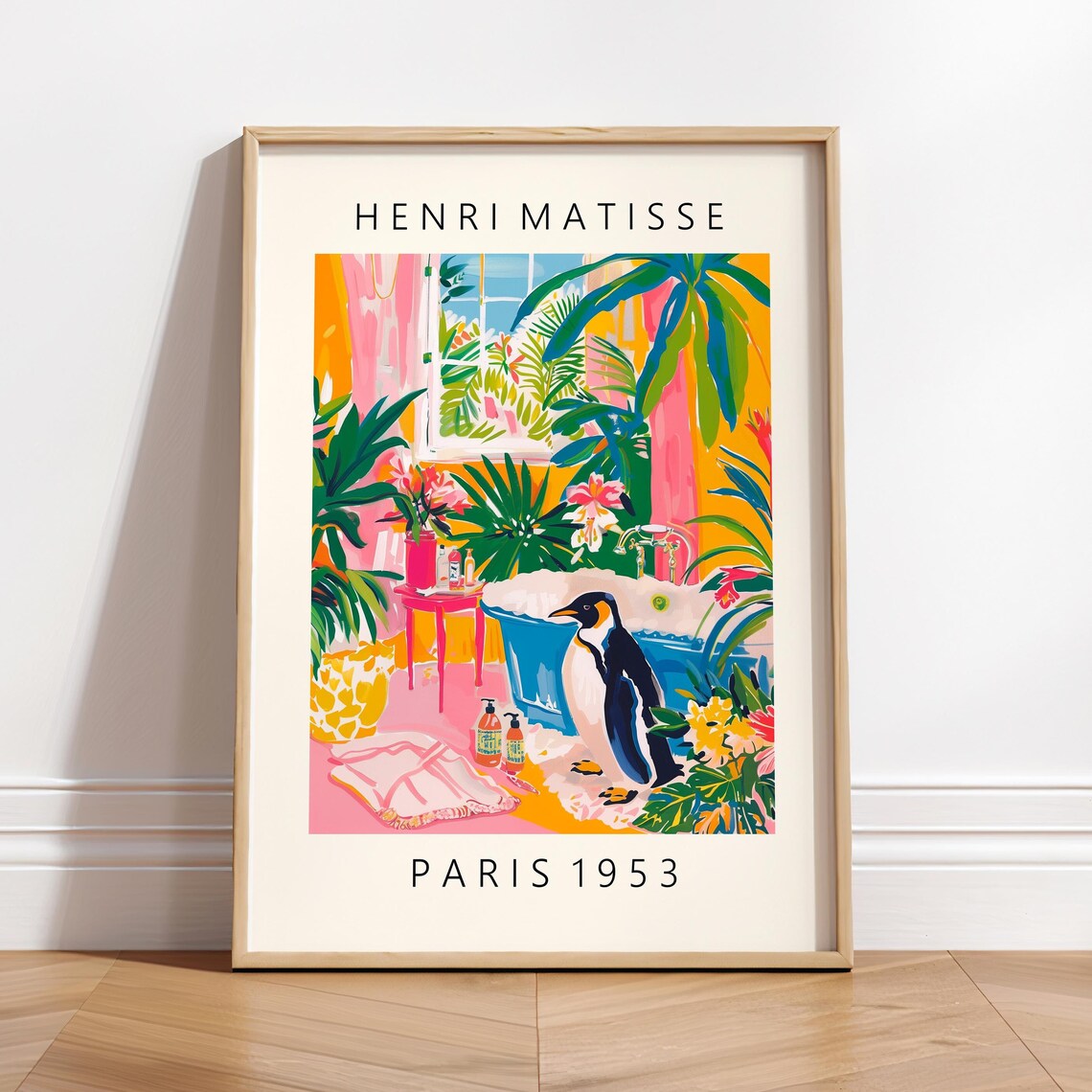 Funny Penguin Poster, Pink Tropical Bathroom Art