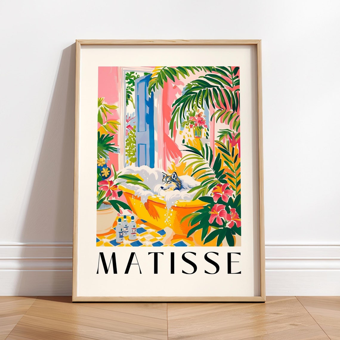 Wolf In Bathtub Funny Poster Matisse Art Print Mid Century Art Pink Tropical Bathroom Decor