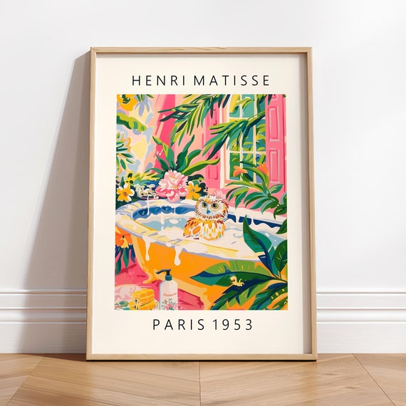 Cute Owl Poster Bird Lover Gift Pink Henri Matisse Art Funky Decor Maximalist Bathroom Wall