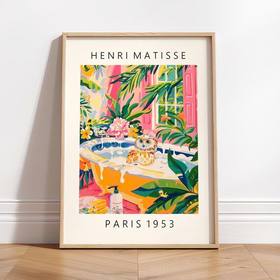 Henri Matisse Inspired Owl Bath Poster in Tropical Pink Colors