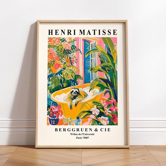 Sloth In Bathtub, Matisse-Inspired Bathroom Poster