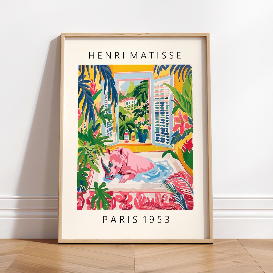 Rhino In Bathtub, Matisse-Inspired Bathroom Art Print