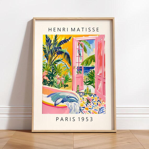 Beluga Whale In Bathtub Matisse Poster Bathroom Decor Nautical Poster Pink Wall Art Midcentury Poster