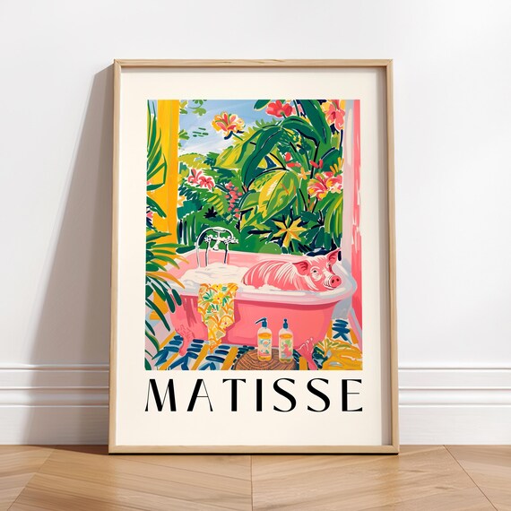 Henri Matisse Style Sunny Pink Pig Bubble Bath Tropical Poster
