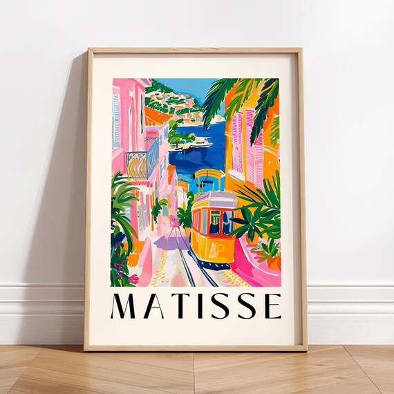 Matisse Style Coastal Town Tram Retro Travel Destination Poster