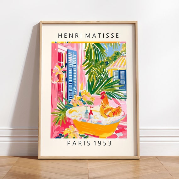 Cute Chicken Art Print Rustic Decor Pink Farm Wall Decor Bathroom Poster Matisse Wall Art Print Animal Art