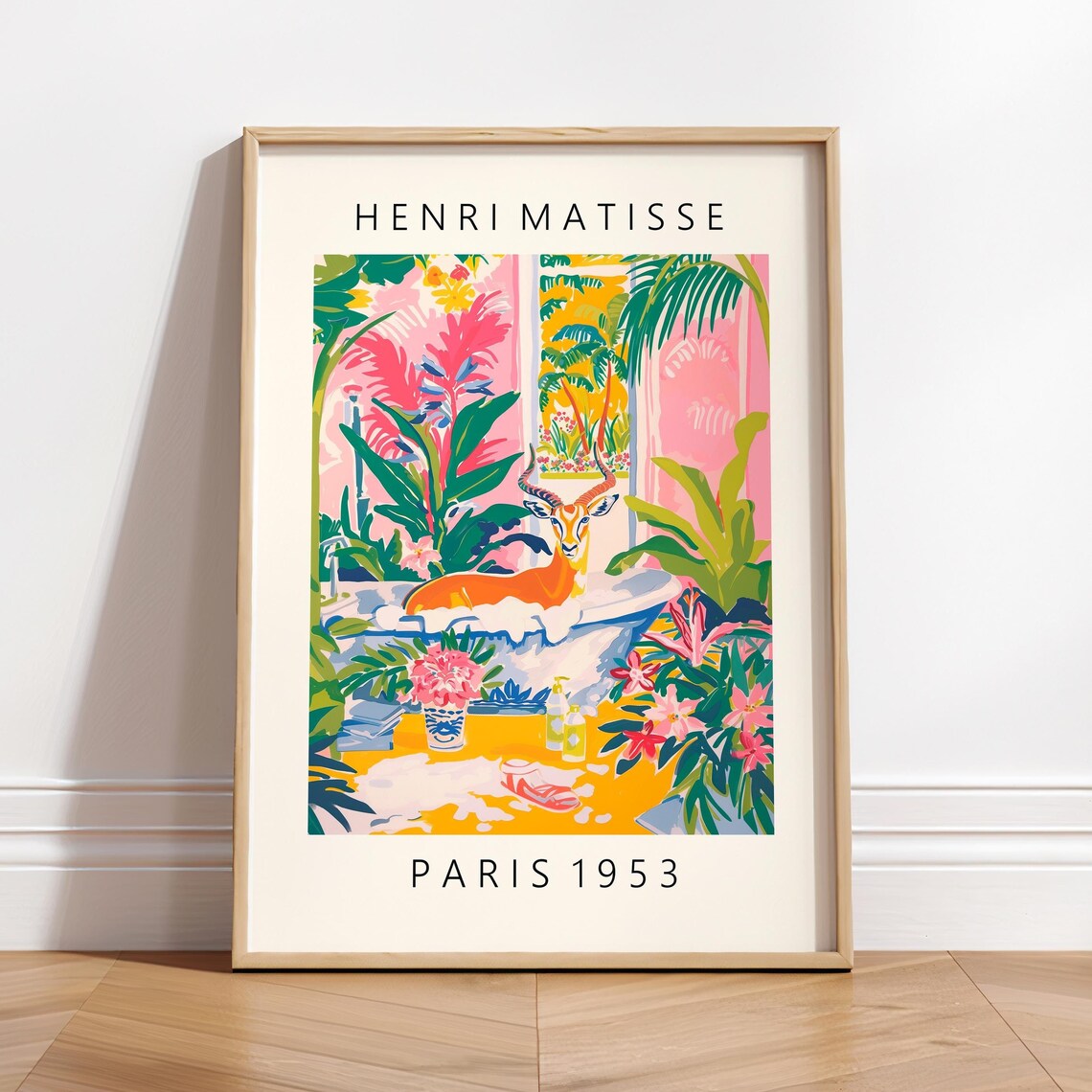 Antelope In Bathtub Art Print Pink Tropical Bathroom Decor