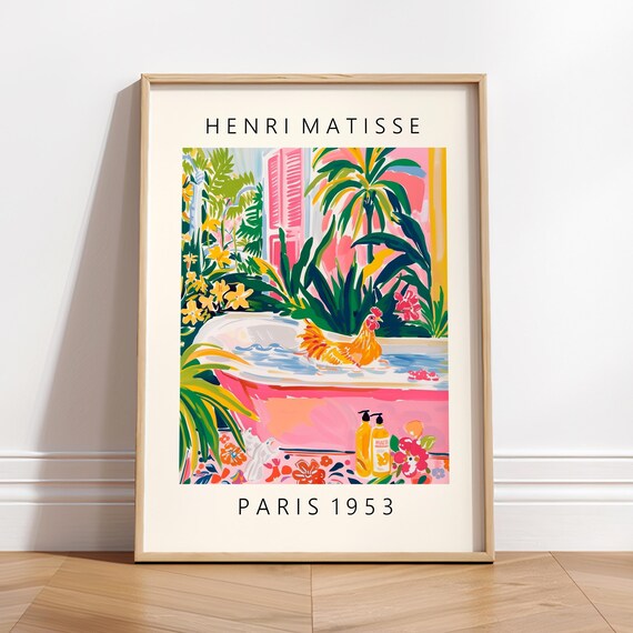 Funny Chicken Art Print, Matisse-Style Bathroom Decor