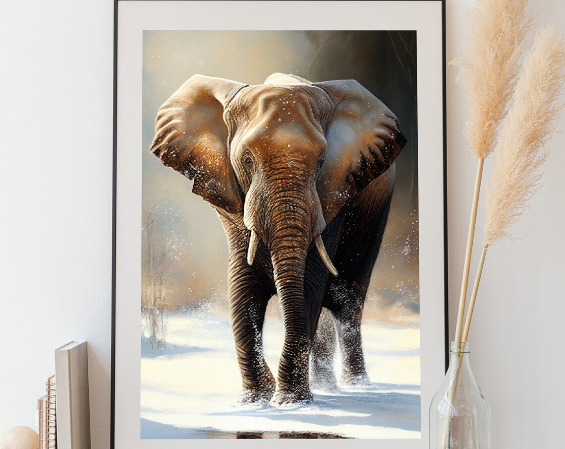 Elephant Walking in Snow Majestic Wild Wildlife Painting Poster