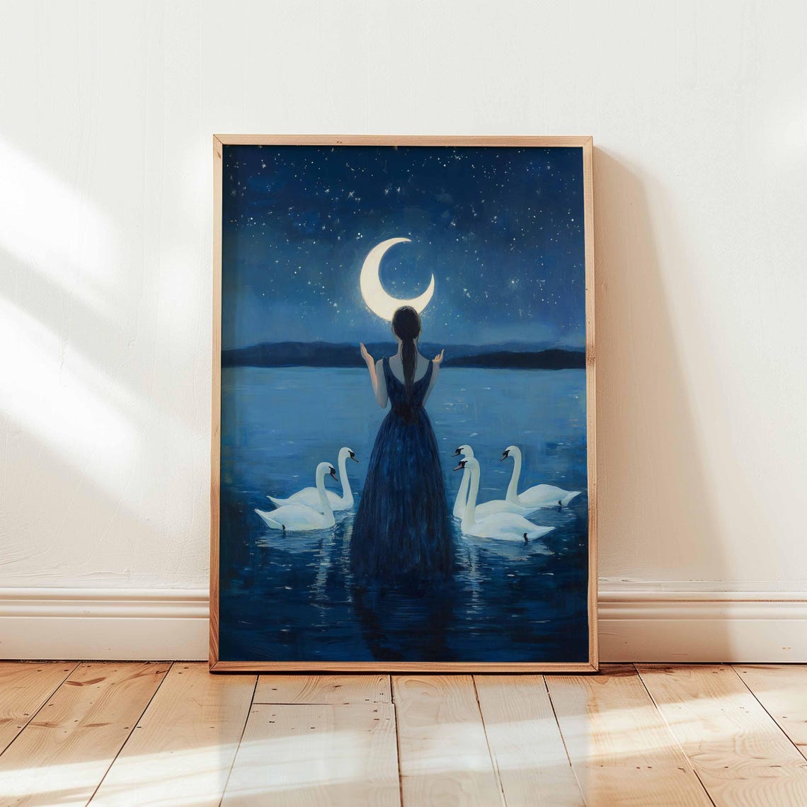 Woman Among Swans Under Crescent Moon Starry Night Lake Poster