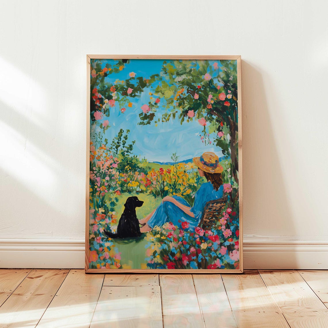 Woman with Black Dog in Flower Garden Summer Impressionist Poster