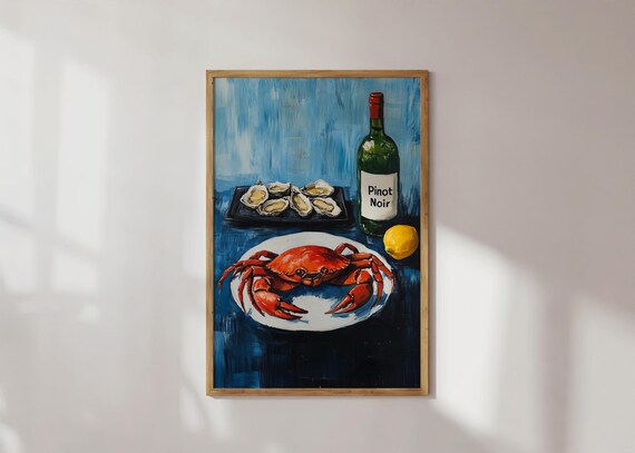 Crab And Oyster Art Print Coastal Kitchen Decor Nautical Wall With Wine Bottle Seafood Still Life Painting Trendy Food Dink Poster