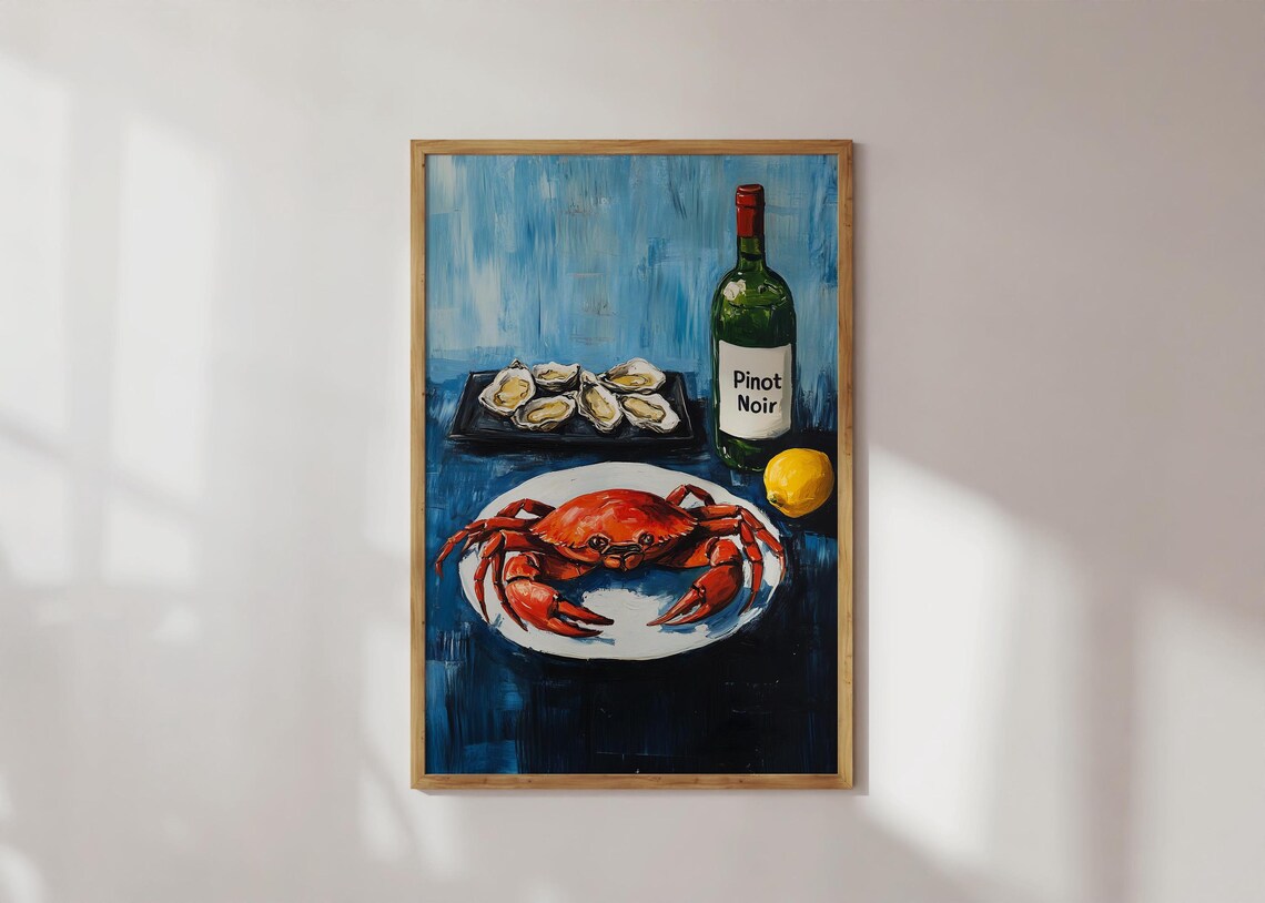 Crab Oysters and Pinot Noir Coastal Still Life Painting Poster