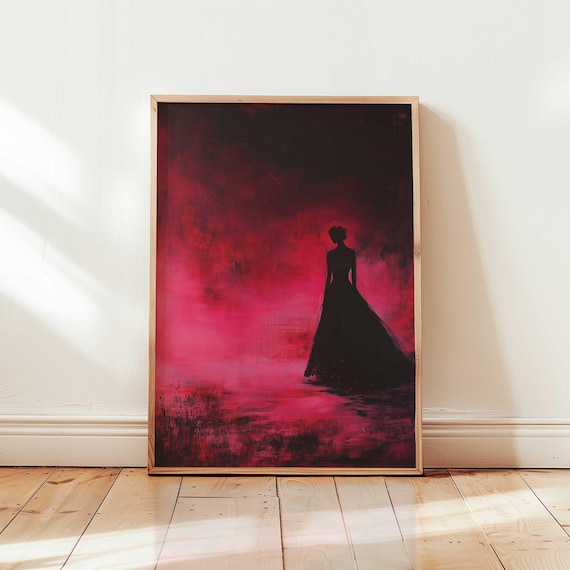 Black Silhouette Lady in Crimson Mist Moody Gothic Figurative Wall Art