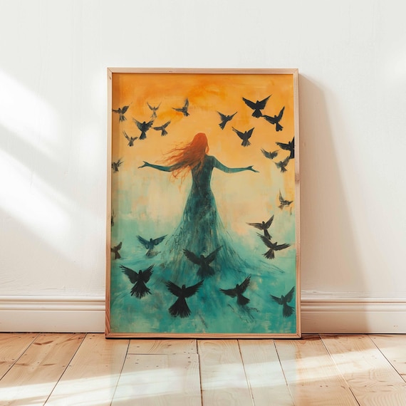 Modern Acrylic Painting Birds Wall Art Woman And Print Eclectic Home Decor Contemporary Figurative Bold Colorful Artwork